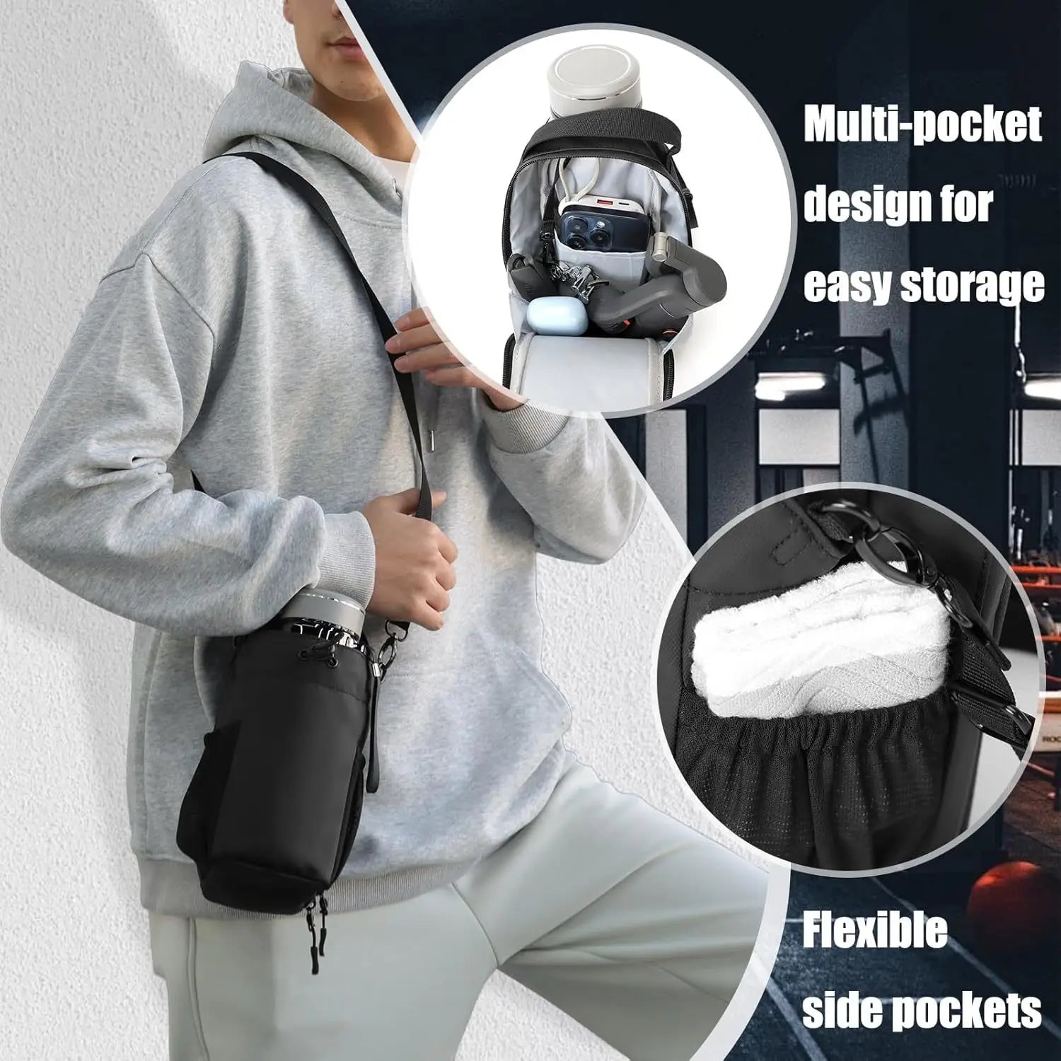 Magnetic Gym Sling Bag Water Bottle & Phone Holder Waterproof Crossbody Bag for Outdoor Sports Travel Fitness Accessories