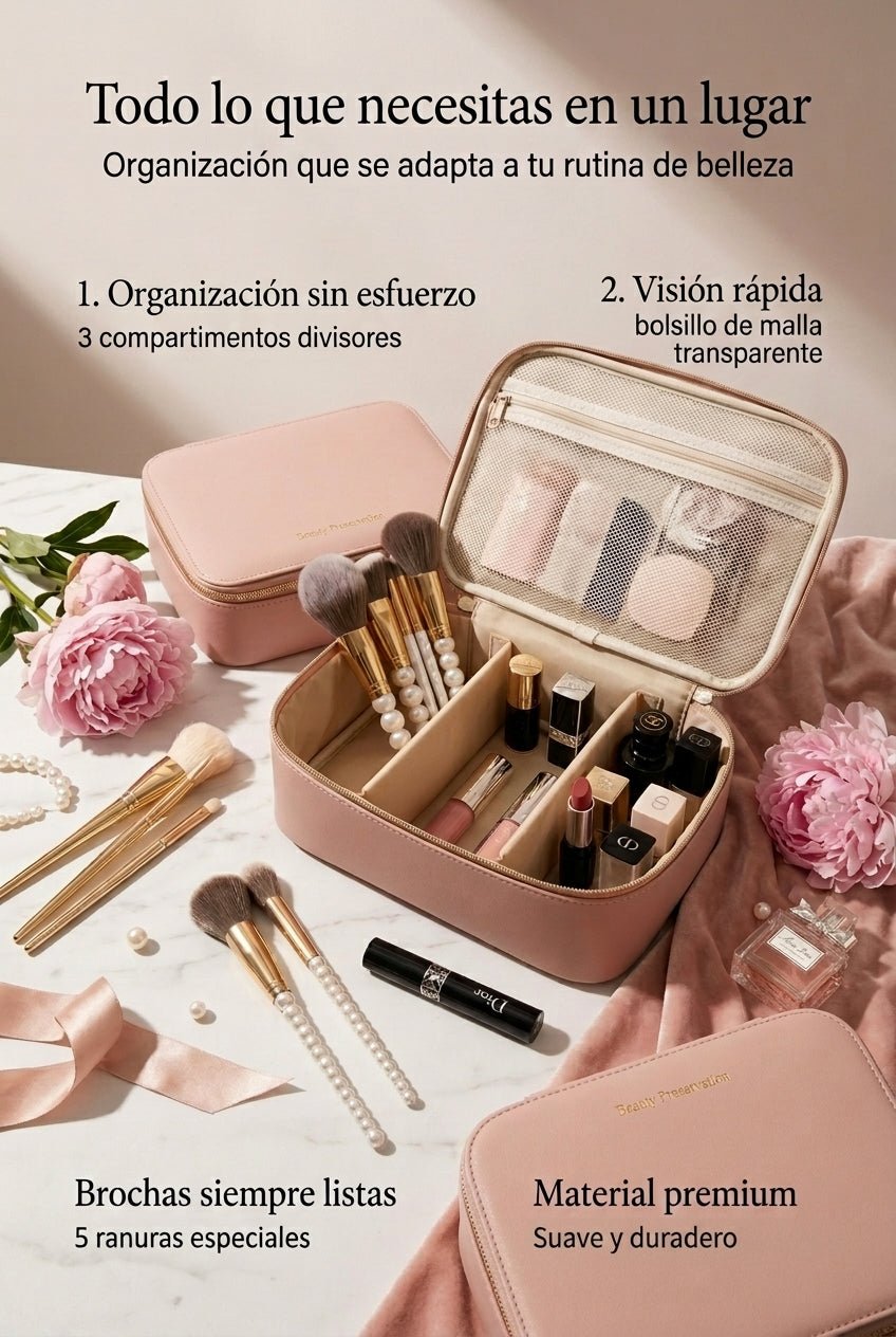 Organizador de maquillaje Fozza abierto con divisores móviles y brochas