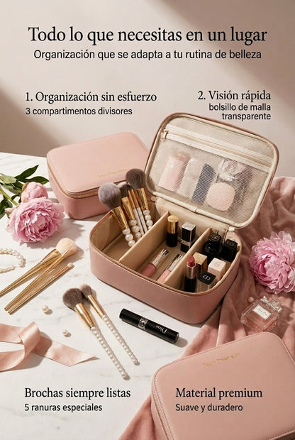 Organizador de maquillaje Fozza abierto con divisores móviles y brochas